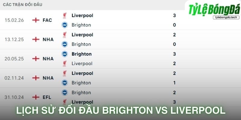 Lịch sử đối đầu Brighton vs Liverpool