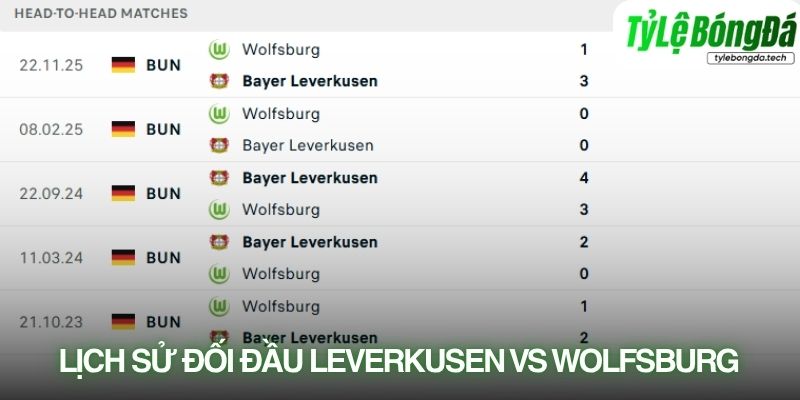 Lịch sử đối đầu Bayer Leverkusen vs Wolfsburg